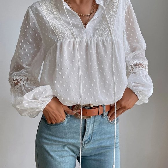 White Boho Womens Swiss Dot Embroidery Mesh Insert Lantern Sleeve Tassel Blouse - Picture 4 of 5